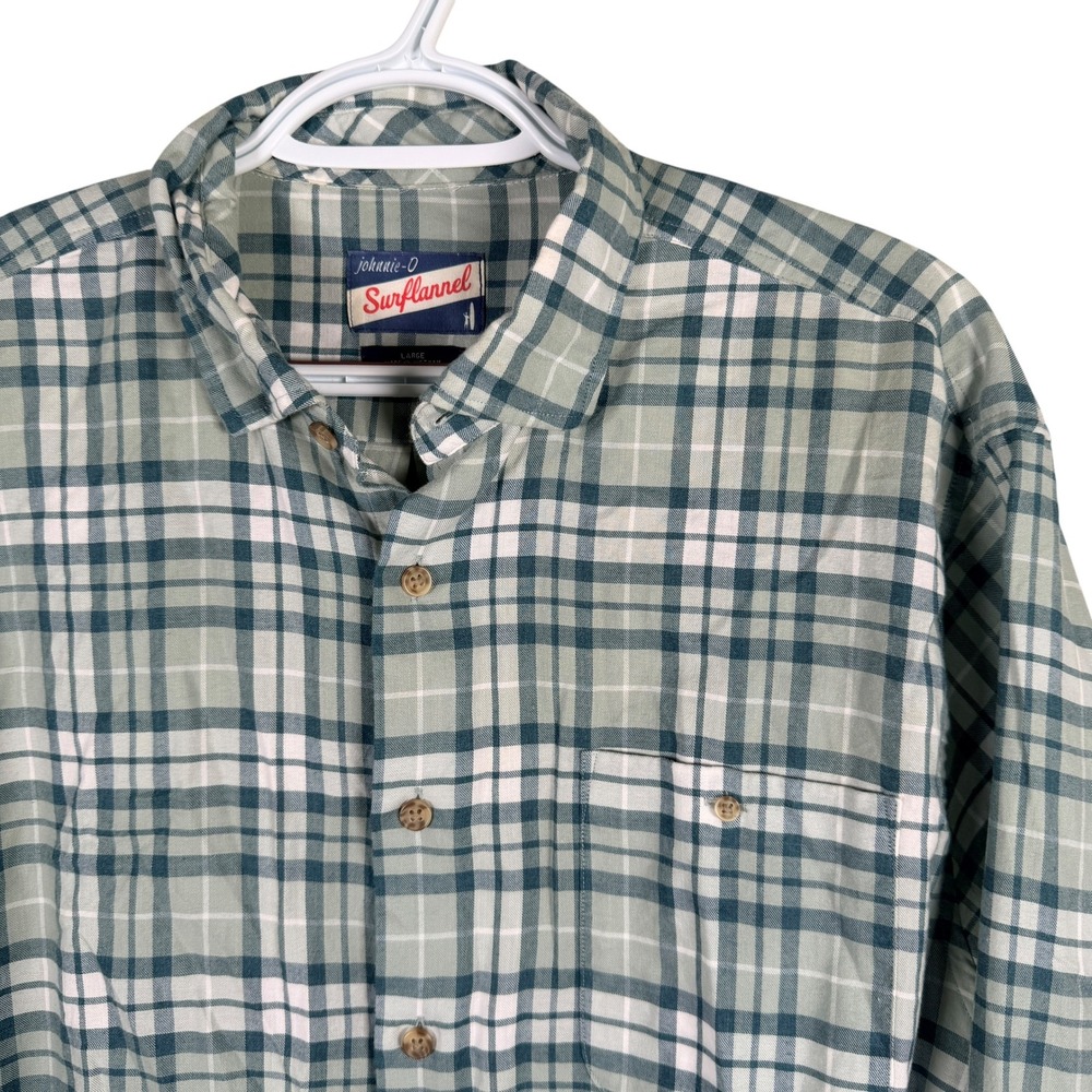 Johnnie-O Surflannel Shirt Mens L Green Plaid Stretch Cotton Button Down